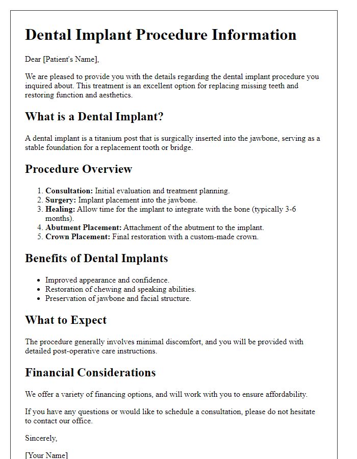 Letter template of dental implant procedure details for prospective patients