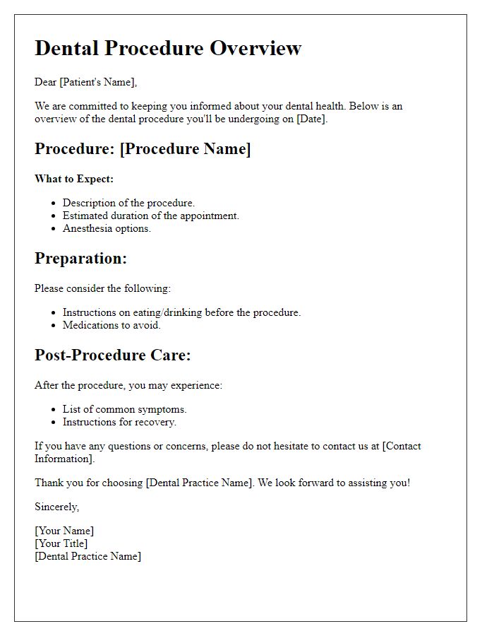 Letter template of dental procedure overview for patients