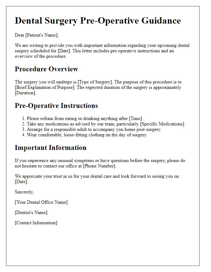 Letter template of dental surgery explanation for pre-operative guidance