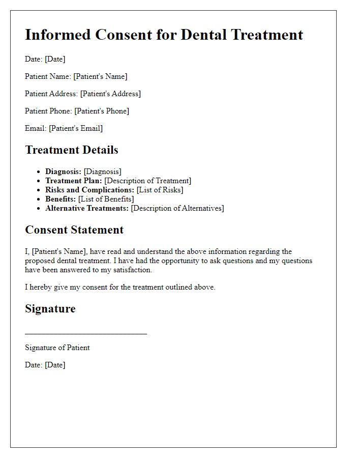 Letter template of dental treatment details for informed consent