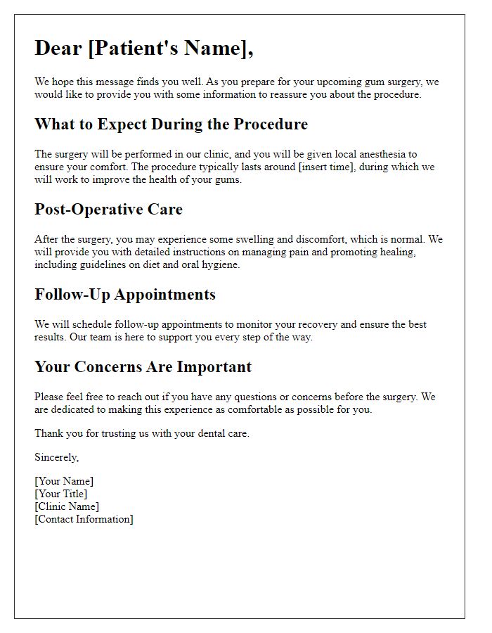 Letter template of gum surgery explanation for patient reassurance