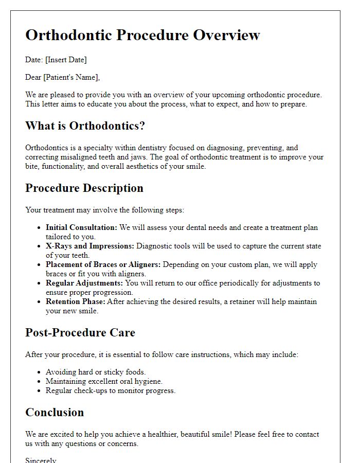 Letter template of orthodontic procedure description for patient education