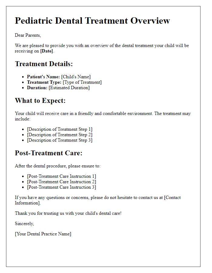 Letter template of pediatric dental treatment overview for parents