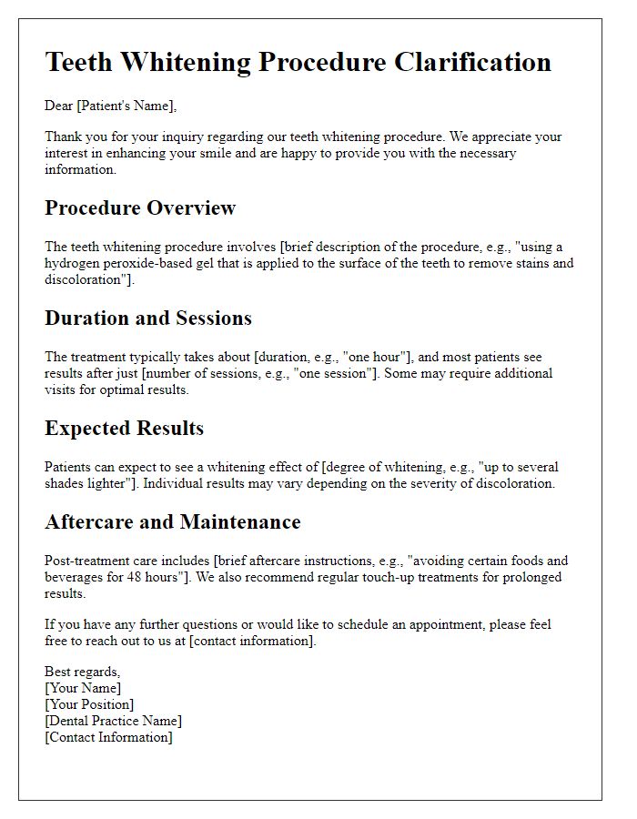 Letter template of teeth whitening procedure clarification for inquiries