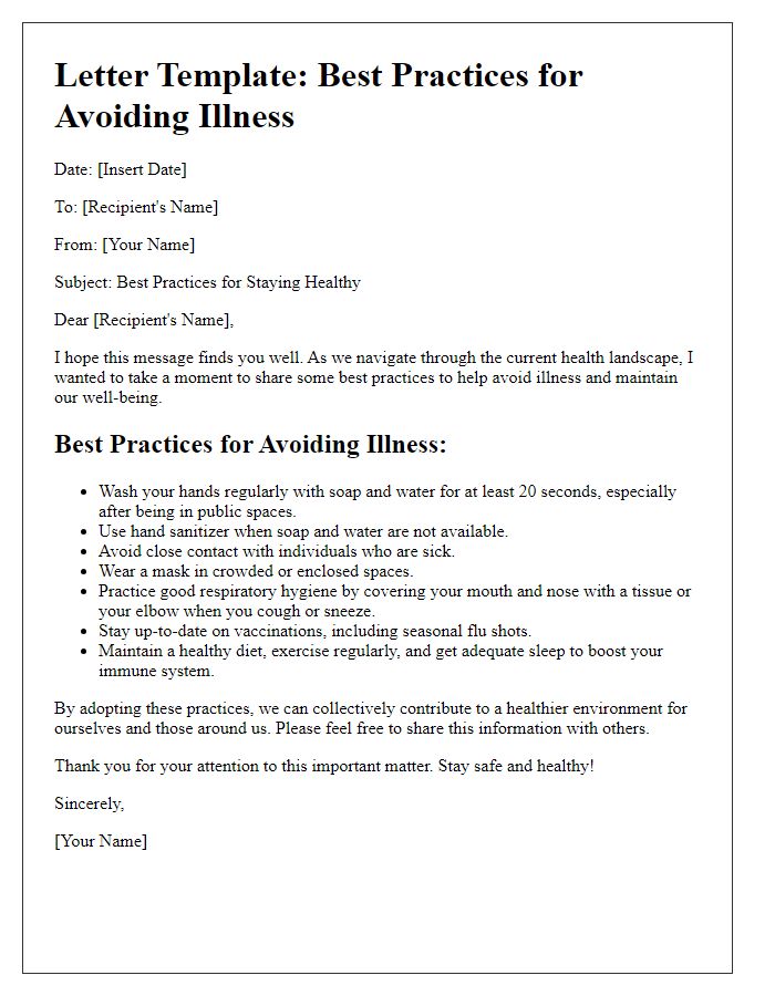 Letter template of best practices for avoiding illness.