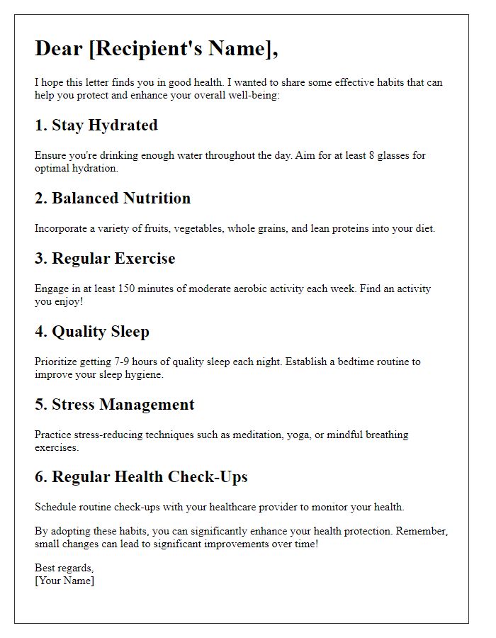 Letter template of effective habits for health protection.