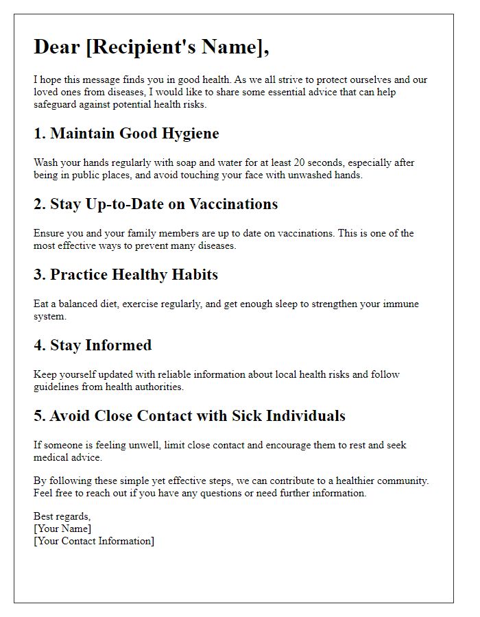 Letter template of essential advice for safeguarding against diseases.