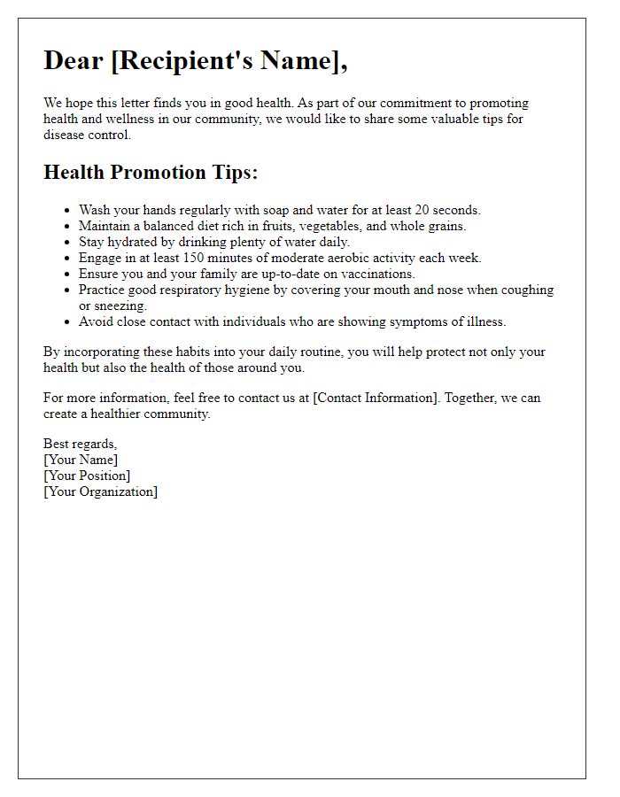 Letter template of health promotion tips for disease control.