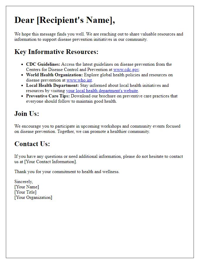 Letter template of informative resources for disease prevention initiatives.