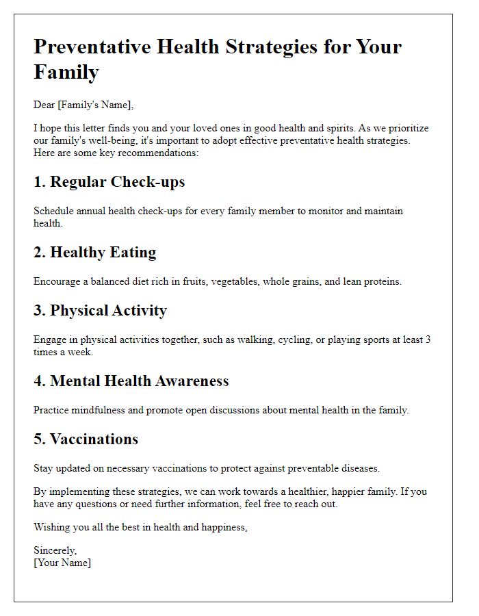 Letter template of preventative health strategies for families.