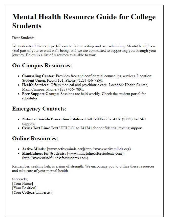 Letter template of a mental health resource guide for college students