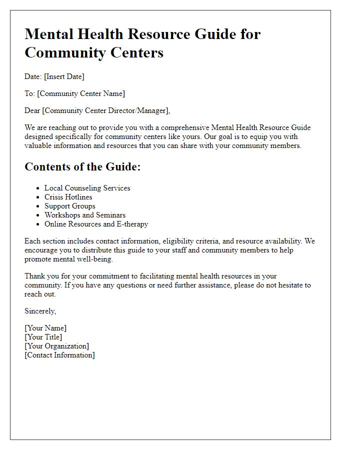 Letter template of a mental health resource guide for community centers