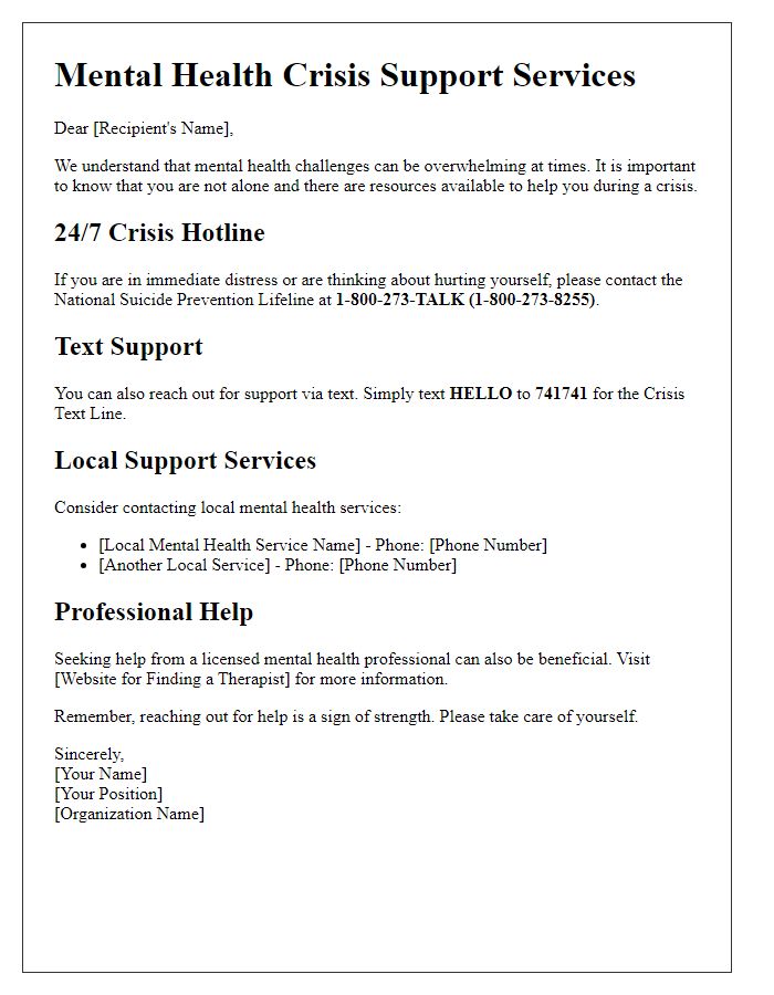 Letter template of a mental health resource guide for crisis support services