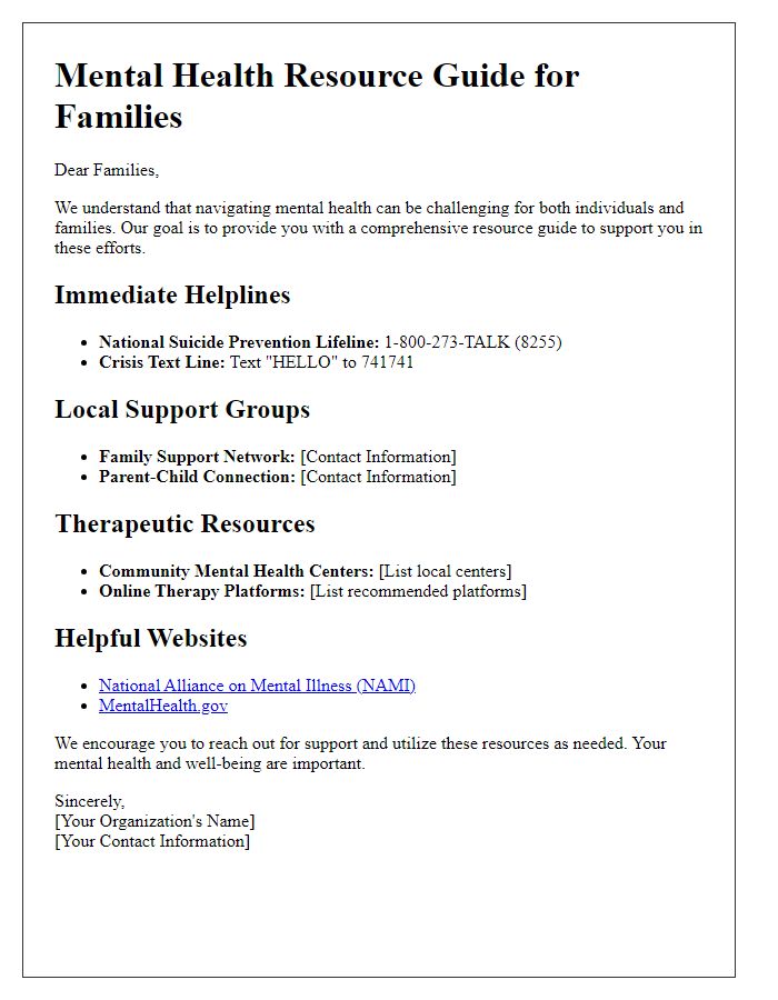 Letter template of a mental health resource guide for families