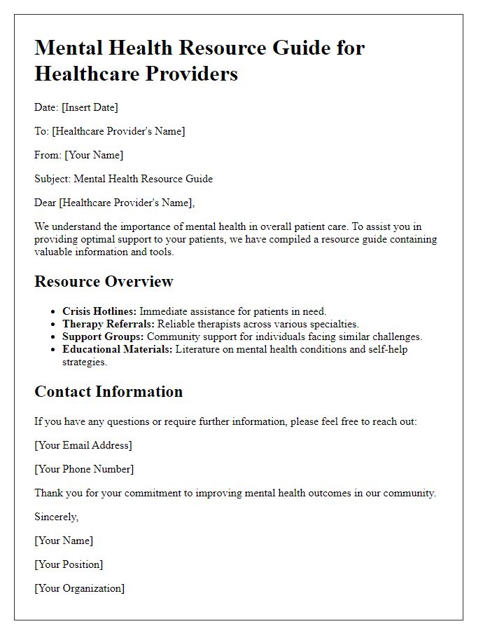 Letter template of a mental health resource guide for healthcare providers