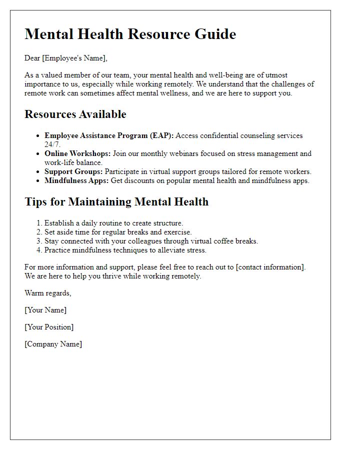 Letter template of a mental health resource guide for remote workers