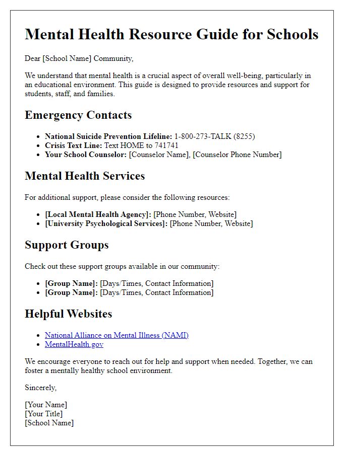 Letter template of a mental health resource guide for schools