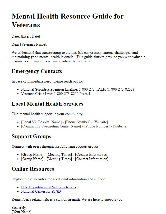 Letter template of a mental health resource guide for veterans