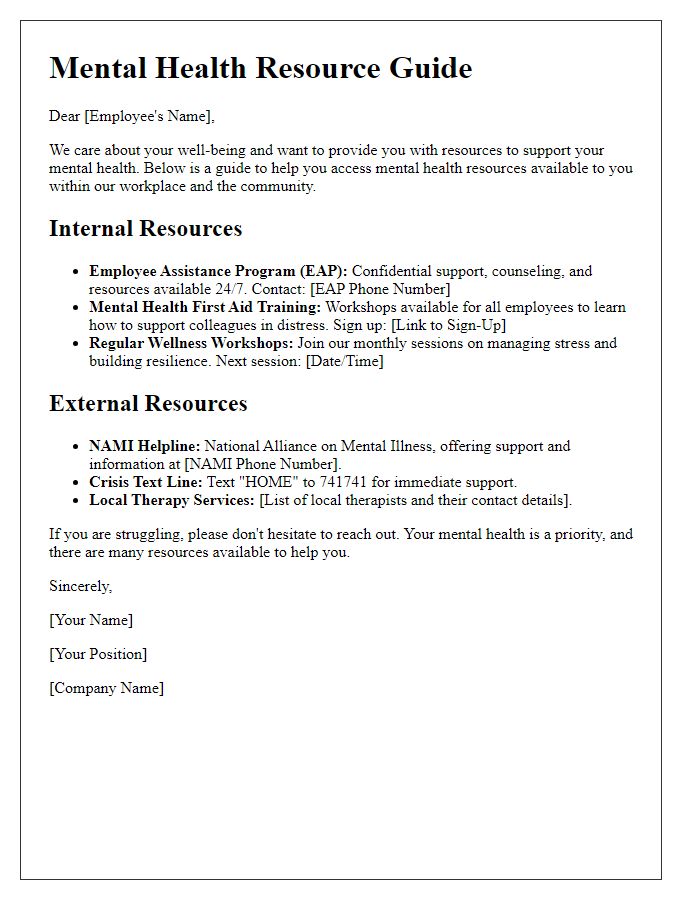 Letter template of a mental health resource guide for workplaces