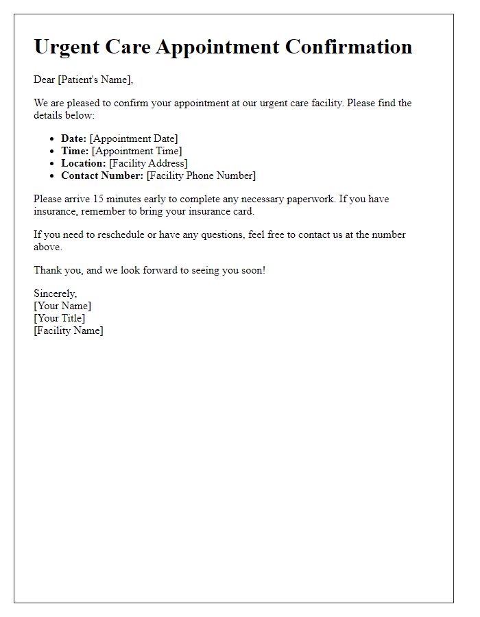 Letter template of urgent care appointment details.