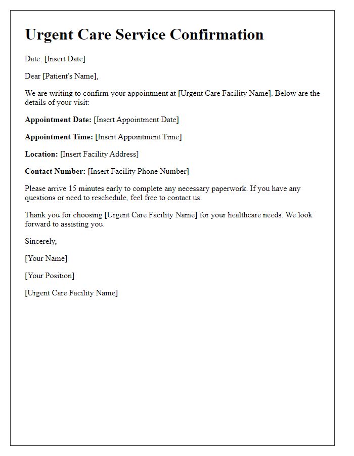 Letter template of urgent care service confirmation letter.