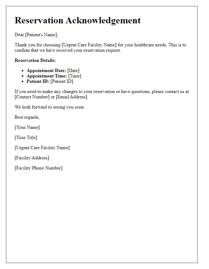 Letter template of urgent care service reservation acknowledgement.
