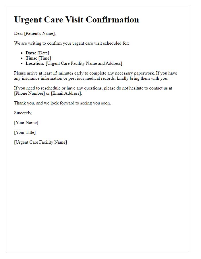 Letter template of urgent care visit arrangement confirmation.