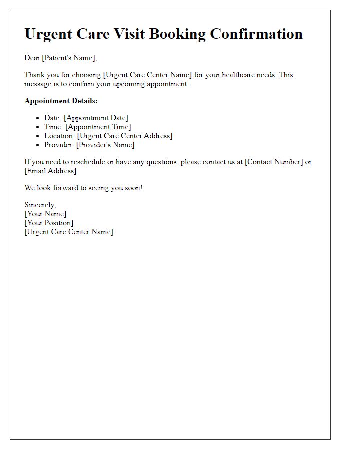 Letter template of urgent care visit booking confirmation.