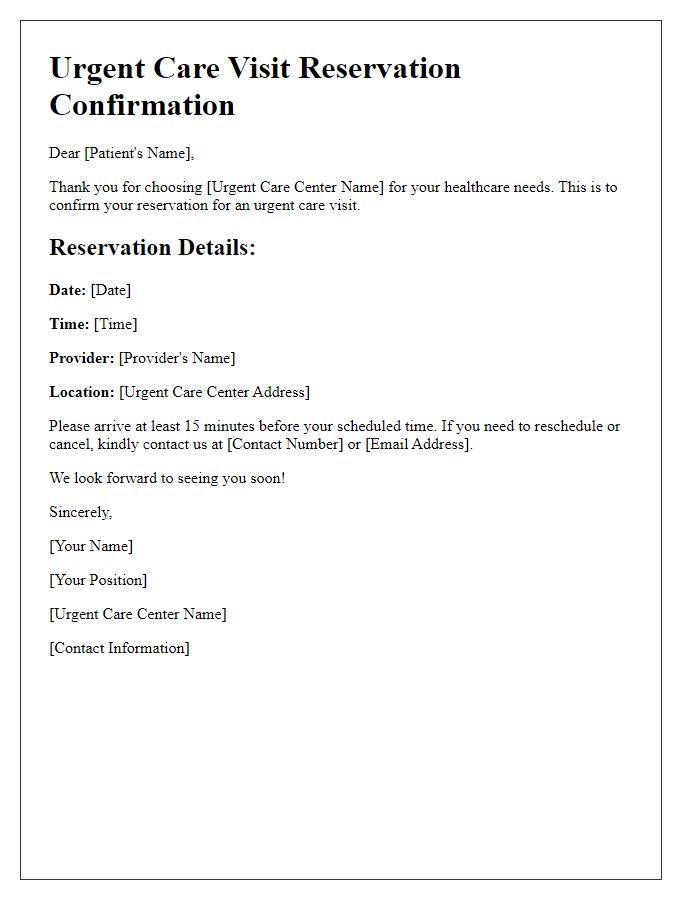 Letter template of urgent care visit reservation confirmation.