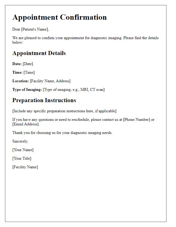 Letter template of appointment confirmation for diagnostic imaging.