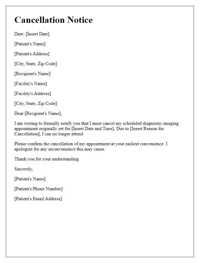 Letter template of cancellation notice for diagnostic imaging.