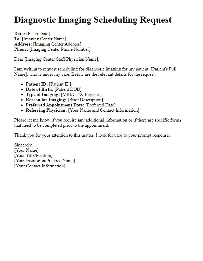 Letter template of diagnostic imaging scheduling request.