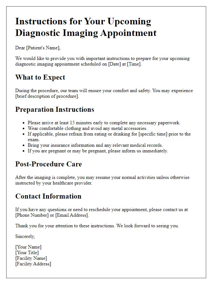 Letter template of instructions prior to diagnostic imaging.