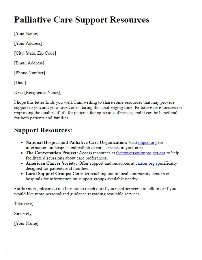 Letter template of palliative care support resources