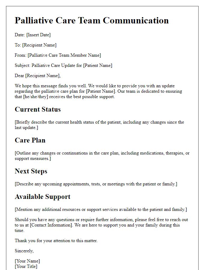 Letter template of palliative care team communication