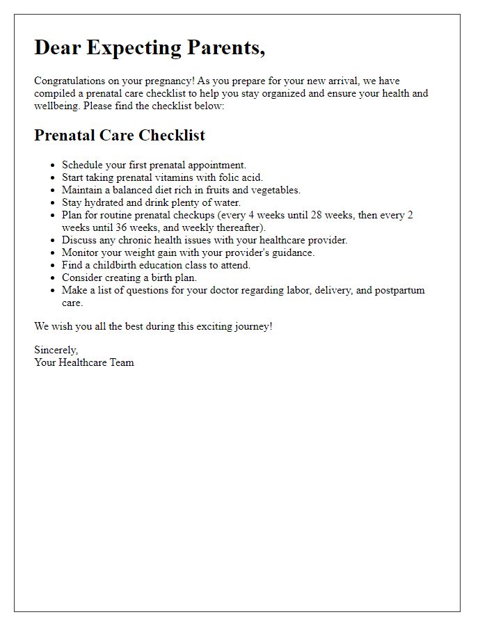 Letter template of prenatal care checklist for expecting parents