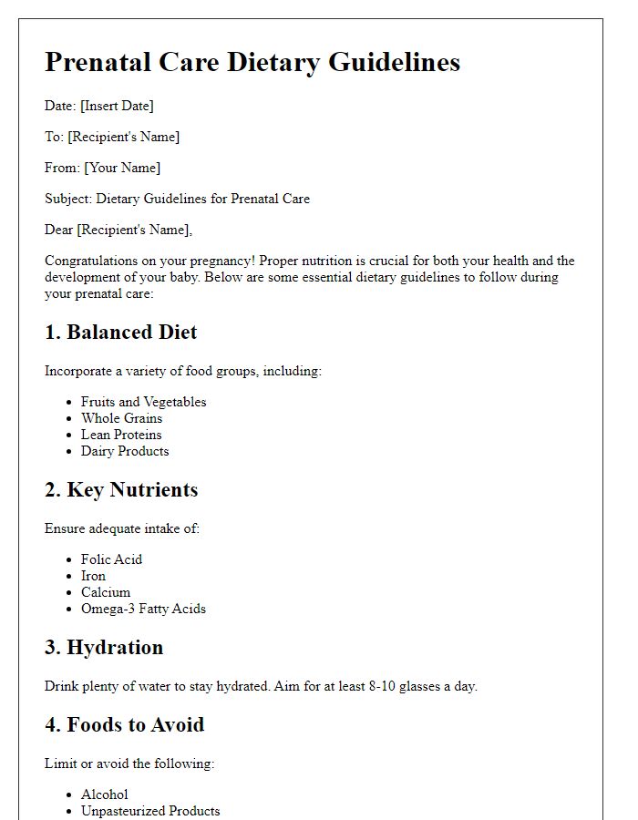 Letter template of prenatal care dietary guidelines