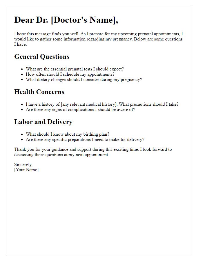 Letter template of prenatal care questions for your doctor