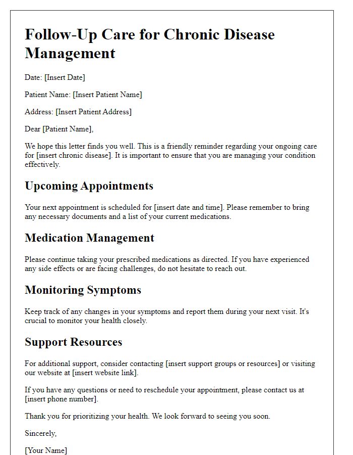 Letter template of follow-up care for chronic disease management.