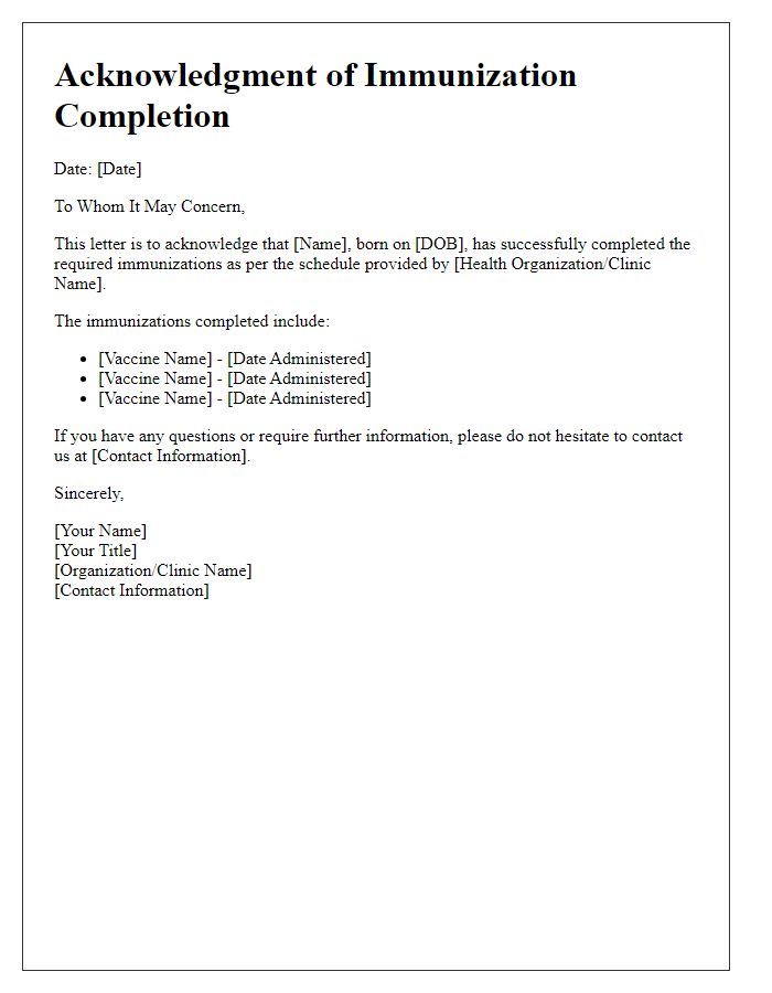 Letter template of acknowledgment for immunization completion