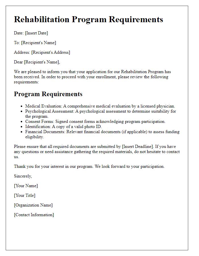 Letter template of rehabilitation program requirements