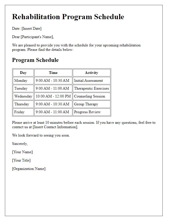 Letter template of rehabilitation program schedule