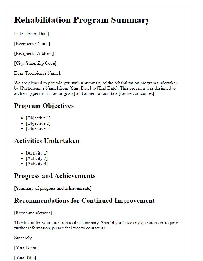 Letter template of rehabilitation program summary