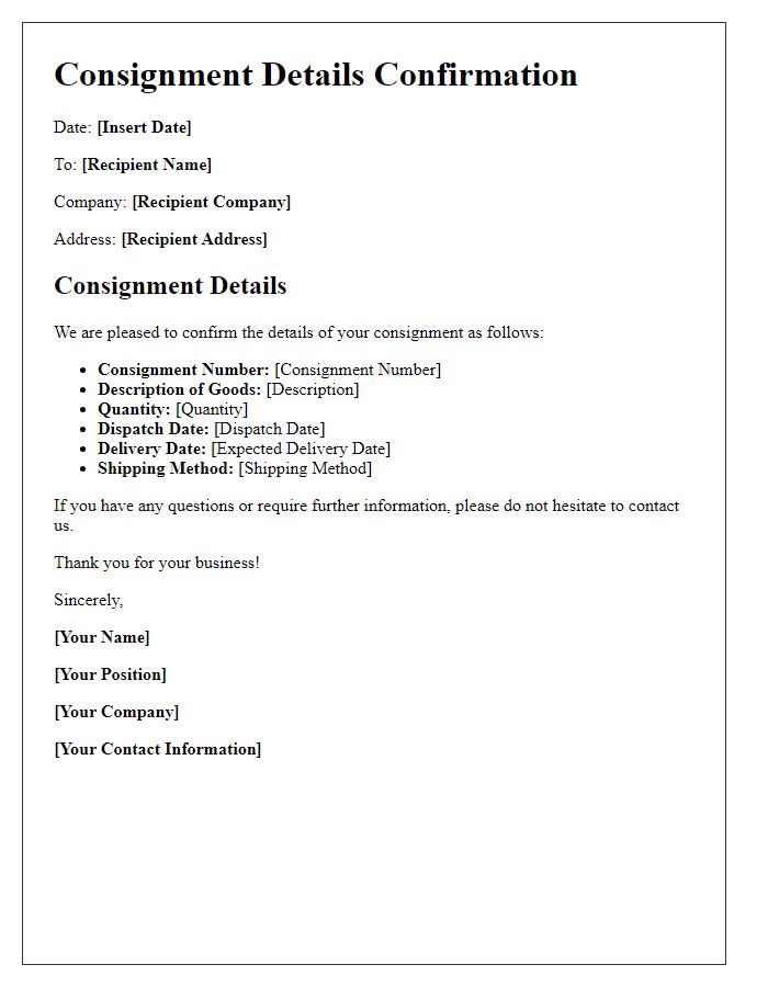 Letter template of consignment details confirmation.