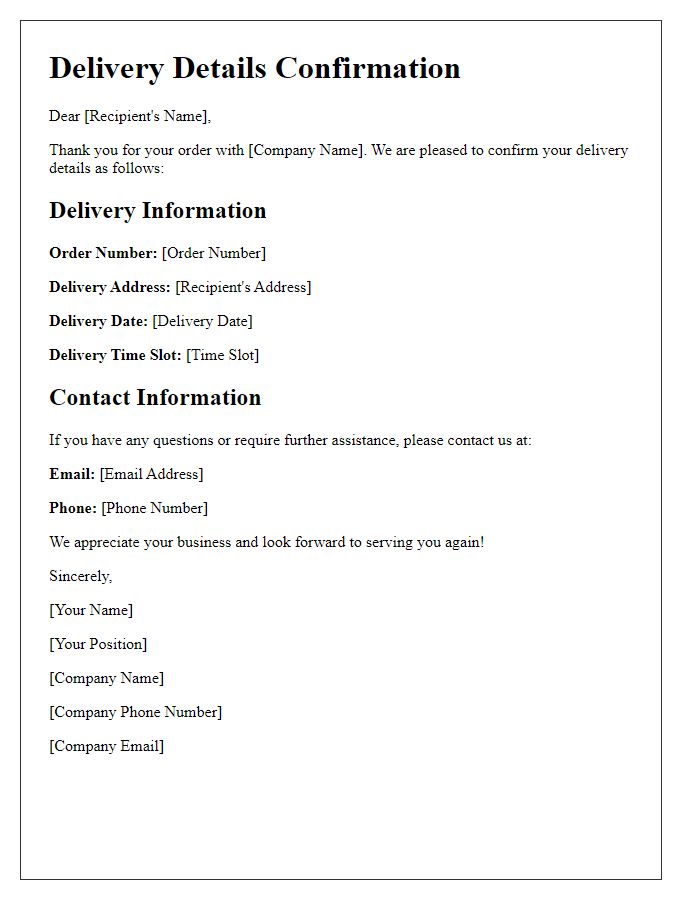 Letter template of delivery details confirmation.