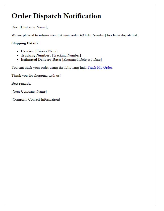 Letter template of order dispatch notification.