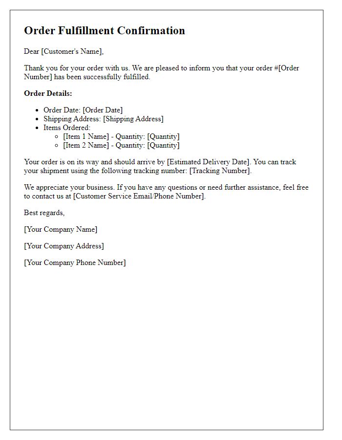 Letter template of order fulfillment confirmation.