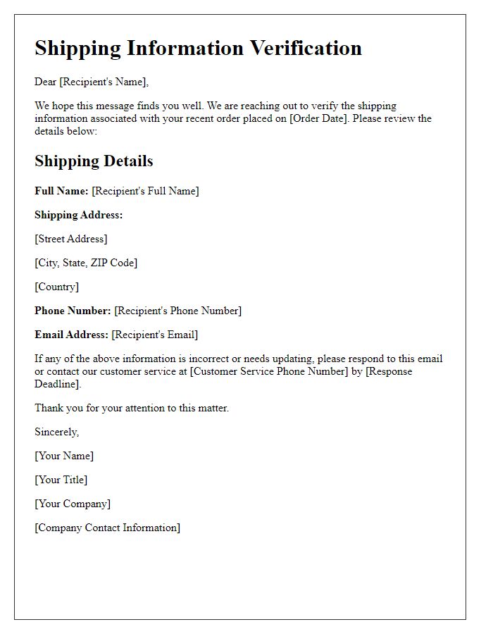 Letter template of shipping information verification.