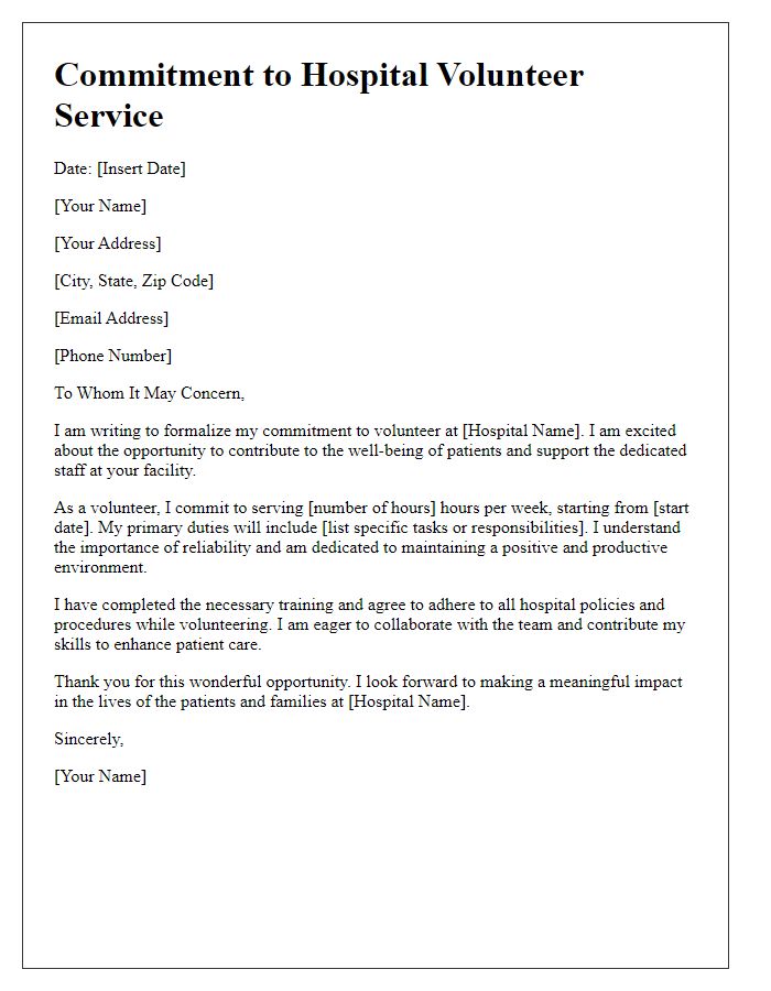 Letter template of commitment to hospital volunteer service