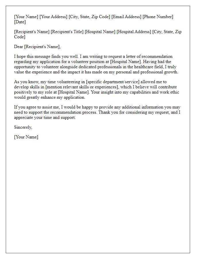 Letter template of recommendation request for hospital volunteer work